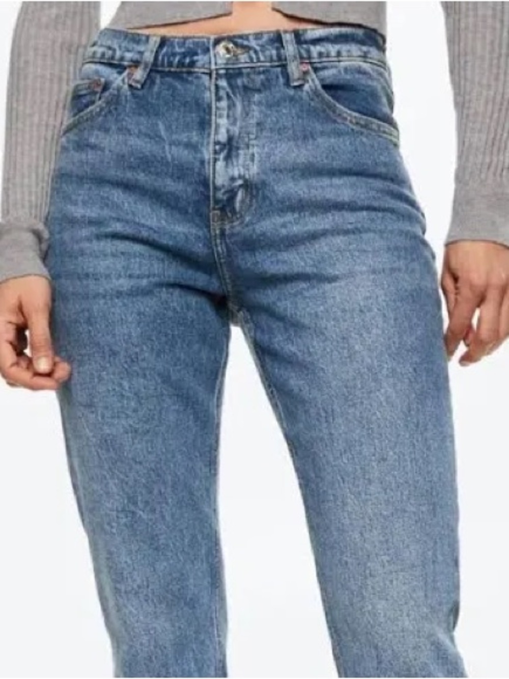 Mango MNG Blue Acid Wash Mom Jeans High Rise Slim Tapered Leg US Size 8